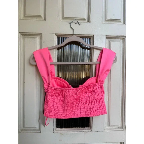 Superdown Revolve Neon Pink Bustier Crop Top Smocked Back V-Notch Size XS New - Picture 8 of 9